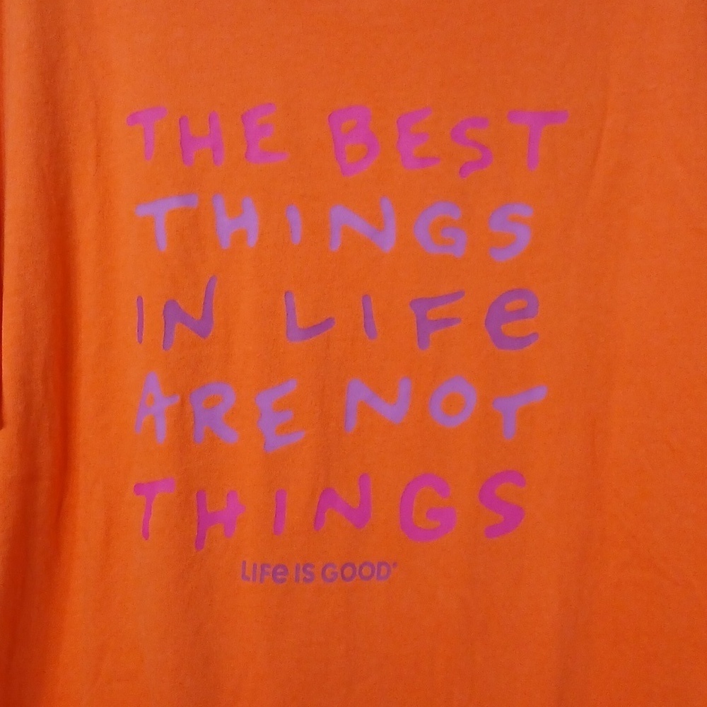 Life is Good Orange T-Shirt with Purple Text, pre-loved excellent conditions - Picture 2 of 4